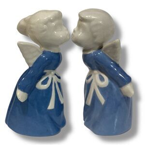 Vintage Blue & White Boy & Girl Ceramic Porcelain Kissing Angels Figurines 1970’